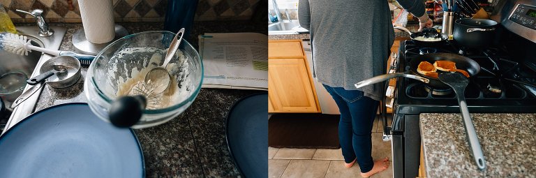 Bowls and utensils on kitchen counter with pancake mix; Mom at stove managing cooking eggs and pancakes on different burners. 