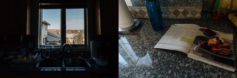 Kitchen sink window, exposed for outside neighborhood; cookbook on kitchen counter opened to pancakes 