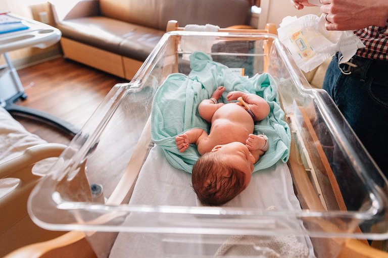 Color. View from the top of the bassinet at hospital. 