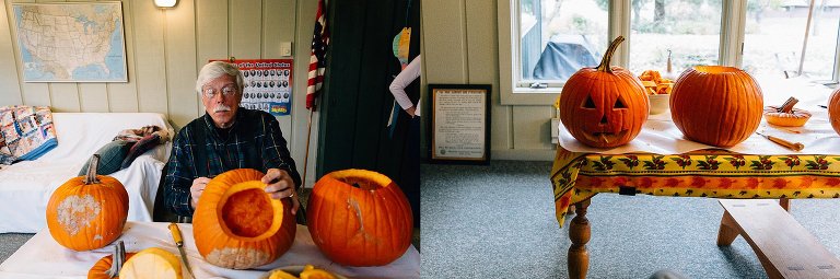 Finished jack-o-lanterns on the table. 