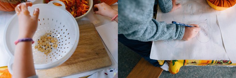 Colander of pumpkin seeds; boy draws his practice jack-o-lantern faces. 