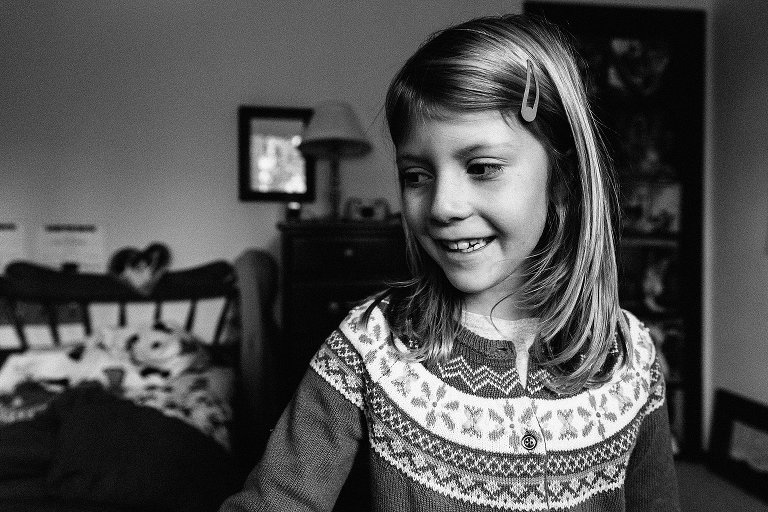 7yo girl in her room. Black and white. 