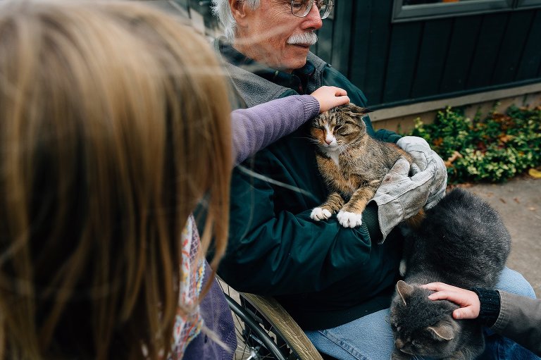 Girl pets cat sitting on grandfather's lap. 