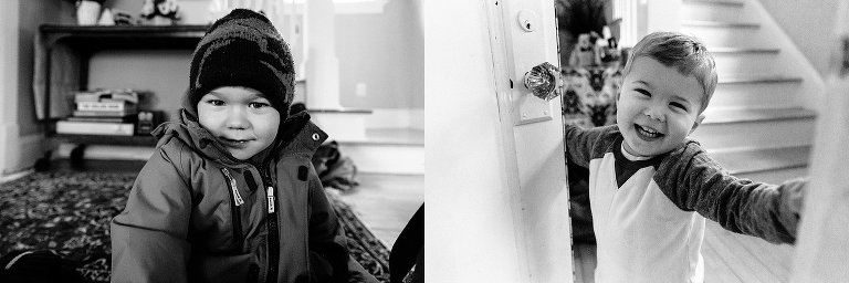 Two preschool boys get ready to go outside in the winter. 