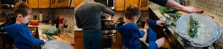 Dad and son work together in kitchen to make Christmas meal. 