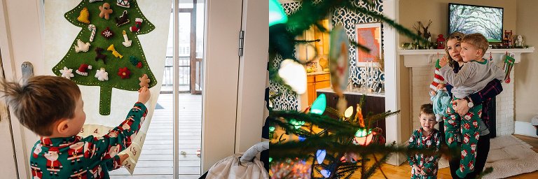 boy hangs up a felt gingerbread on a felt christmas tree to indicate the last day of Advent.