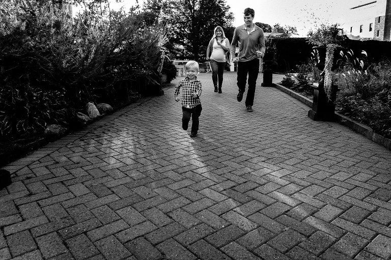 Black and white. Toddler runs down brick path with parents running after him.