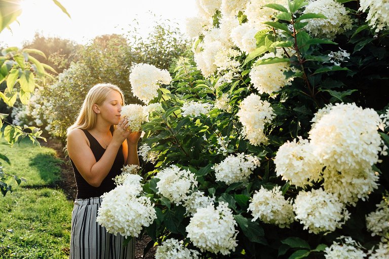 High school girl smells a large hydrangea bloom. 