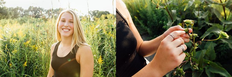 High school girl stands in a field of yellow flowers. 