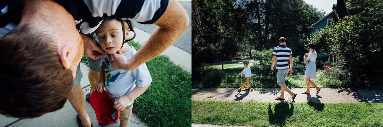Father buckles helmet on his son and they head out on a family walk.