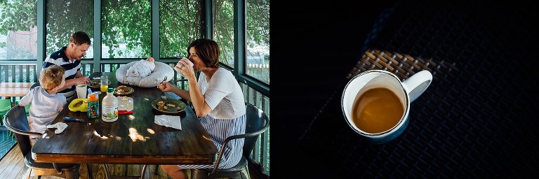 Family of four eats breakfast on back porch. newborn baby sleeps on the table as mother drinks her coffee.