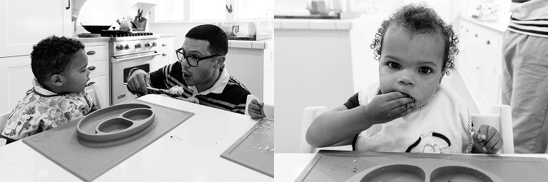 Black and white. Kids eating breakfast. 