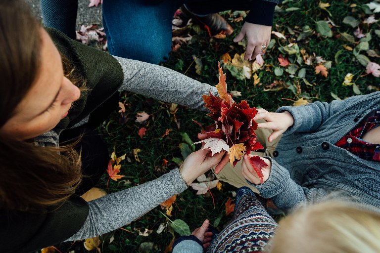 top down view of hands gathering colorful autumn leaves 