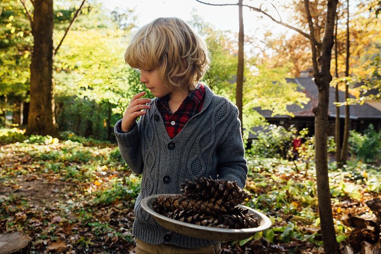 boy holds plate of pinecones in his backyard during an Autumn at Home session
