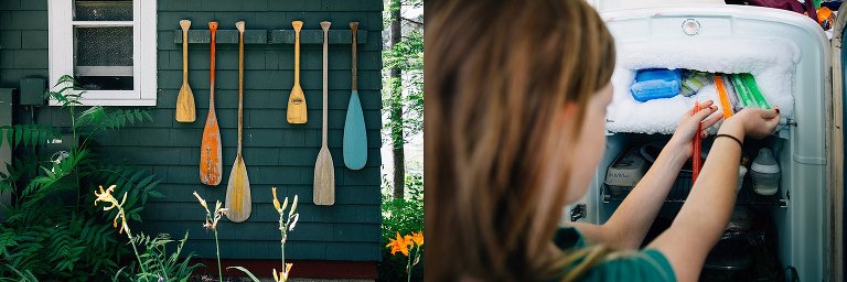 Colorful oars attached to cabin on the left; girl reaches for colorful popsicles on the right. 