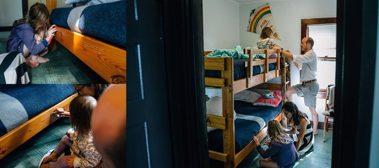 Family carves their names in cabin bunk beds. 