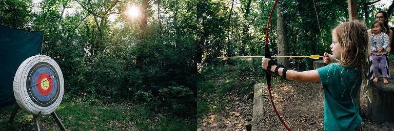 10 year old girl holds bow and arrow for archery practice. 