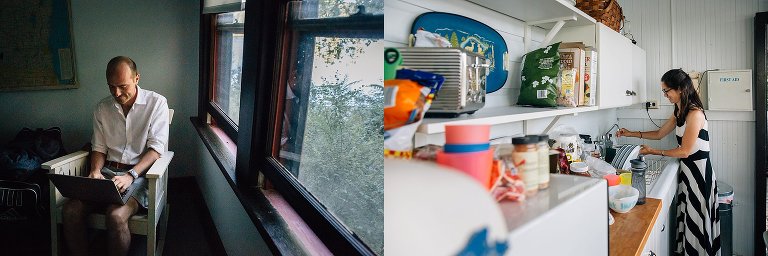 A male in one room works on a computer Female in kitchen gathers items for breakfast
