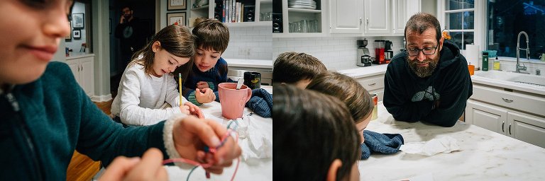 at kitchen island, drawing. 