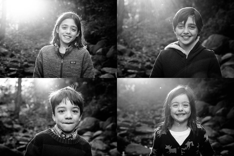 Block of 4 individual black and white portraits of each kid in family. 