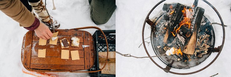 Diptych. Assembling graham crackers and chocolate squares on top of a picnic basket on the left. Roasting marshmallows on a stick over a fire on the right. 
