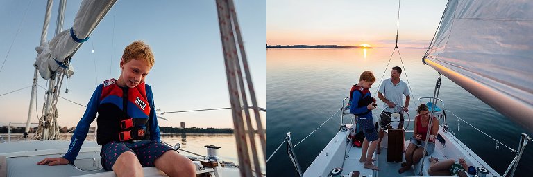 Boy at dusk on sailboat, Family of 4 at dusk on sailboat.
