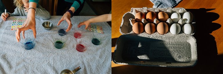 Dye and hard boiled eggs are set up on the table. 