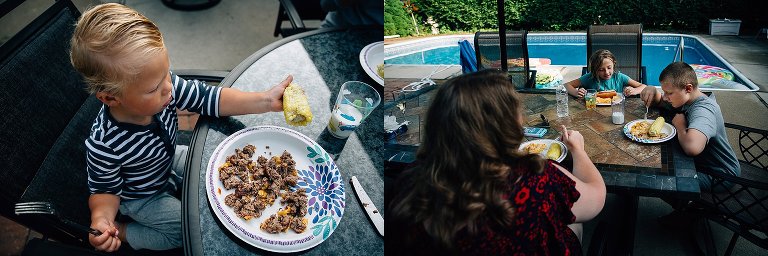 Boys eat corn, other family members eat dinner too. 