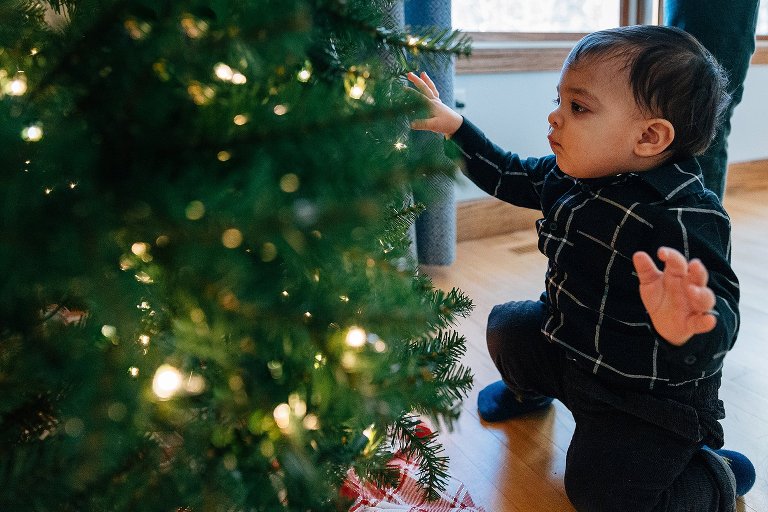 1 year old boy examines Christmas tree 