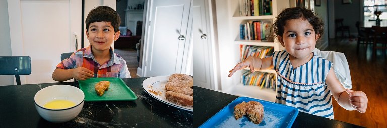 The kids eat fresh donuts, smiling, 