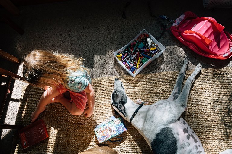 Preschooler, sleeping dog, and box of crayons all on the floor 