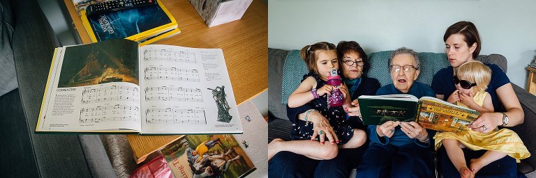 Open song book; 4 generations sitting on couch and singing song from song book