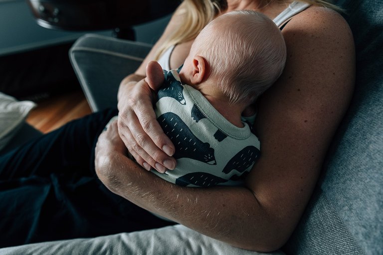 Focus on newborn baby's white hair