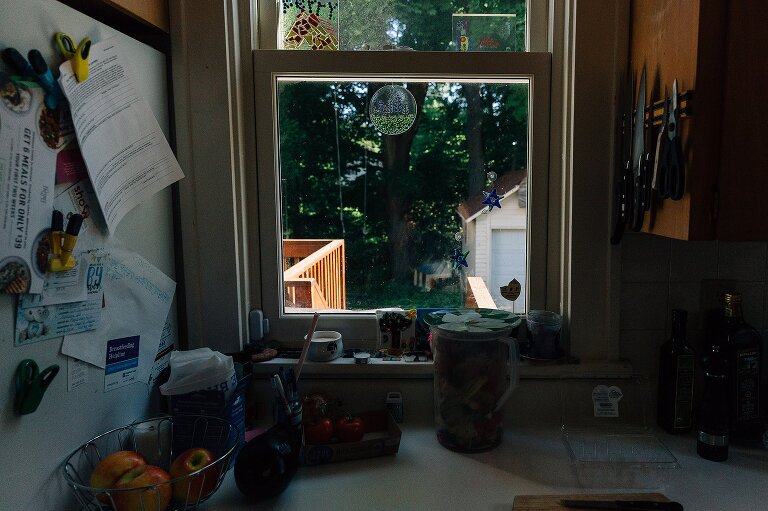 Window in a kitchen that looks out onto backyard. Kitchen counter and fridge full of ordinary family belongs. 