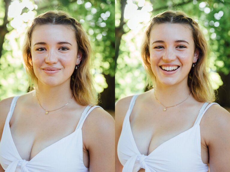 teen smiles for camera with tree light in the background