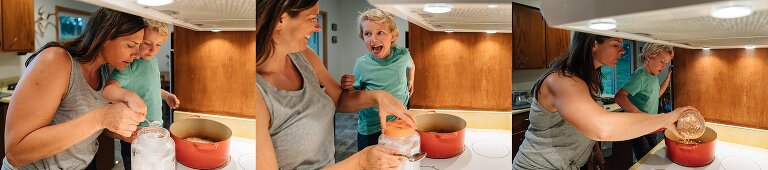 Mom and son make popcorn together.