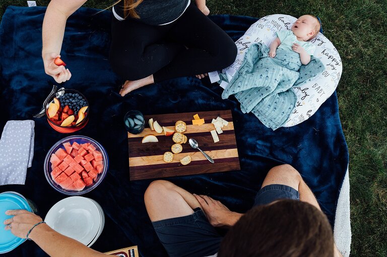 Beautiful picnic spread in the backyard while newborn sleeps