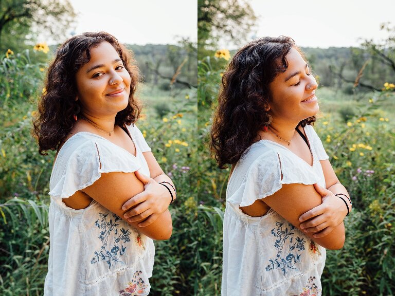 diptych. High school senior portrait, smiling and laughing in a field of flowers