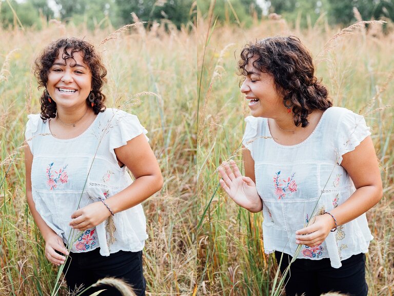 Diptych. High school senior portrait, smiling and laughing in a grassy field 