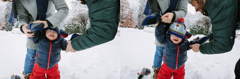 Diptych. Toddler cries as he gets his mittens put back on. 