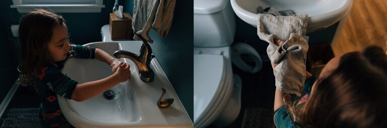 Girl washes and dries hands in two pictures