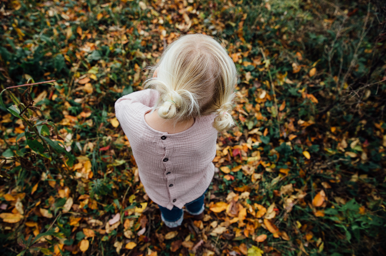 top down view of young girl wearing pigtail buns standing in the middle of fallen colorful leaves