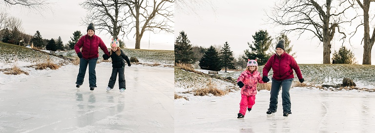 mom ice skates with each of her young daughters