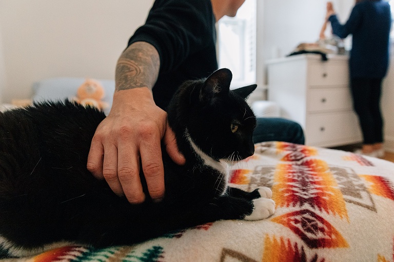 man puts hand on black cat sitting on a bed while mom changes toddler diaper in the background, out of focus 