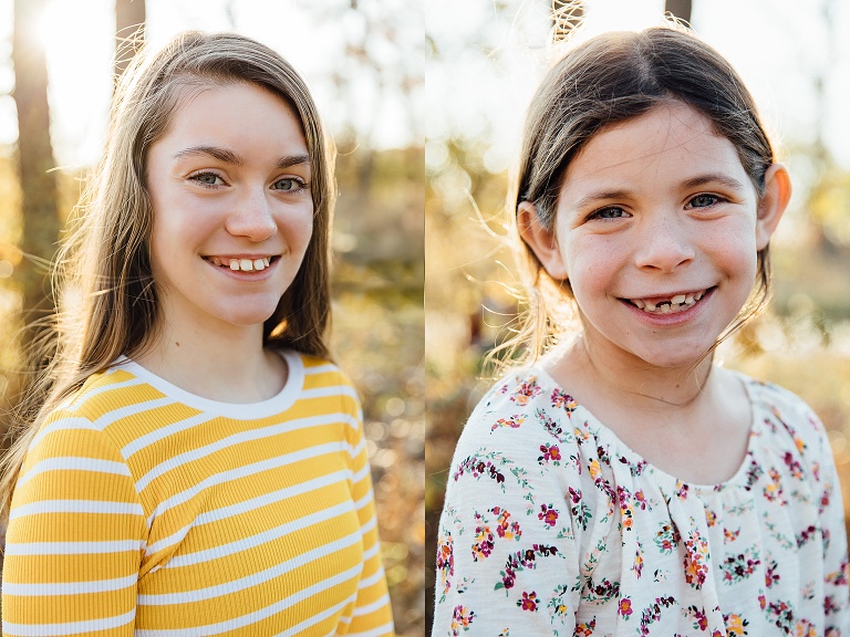 two portraits of sisters, standing in the sun on an autumn day