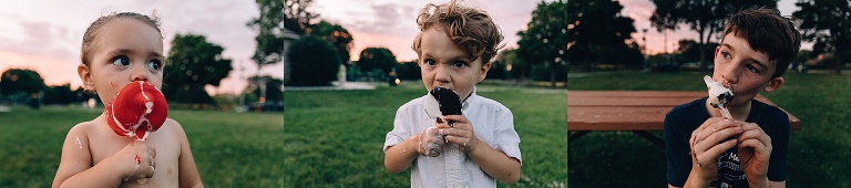 portrait of three people enjoying a fast melting Dilly Bar at dusk