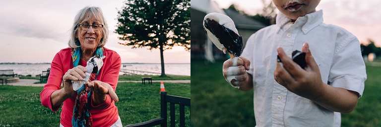 young child and elderly grandma enjoy a fast melting dilly bar at the beach 