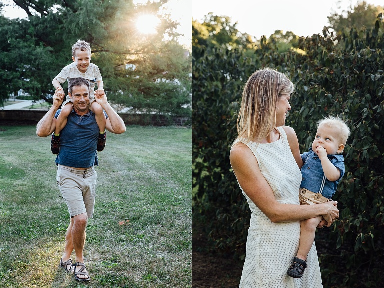 Dad walks with son his shoulders; mom and infant son look at each other, smiling, while she is holding him.