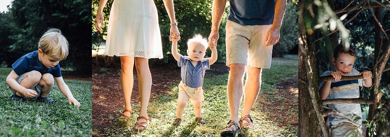 Triptych. Boy looks for clover, infant boy holds parents' hand walking in the light, older boys climbs a tree on Backyard Summer Nights