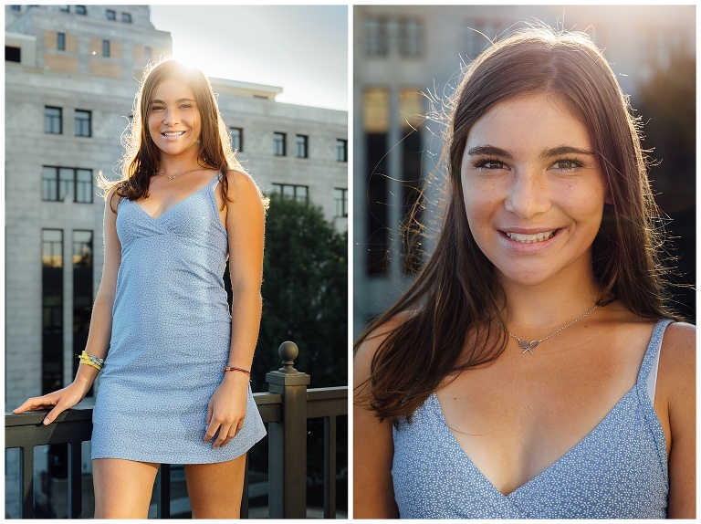 high school senior girl photography urban girl session, buildings in background and great light